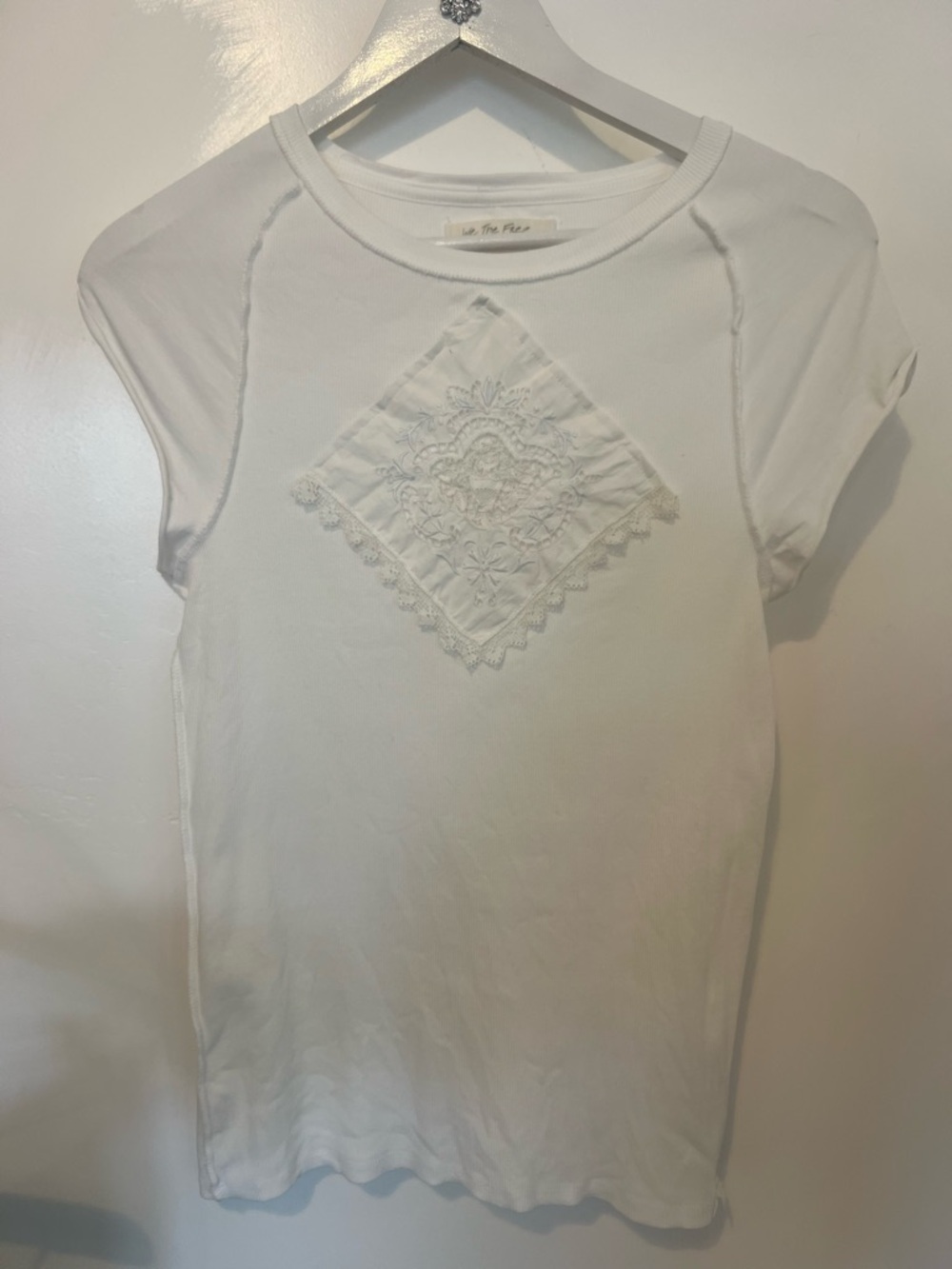 We The Free Cream Short Sleeve Tee with Lace Diamond Appliqué - Picture 3 of 8